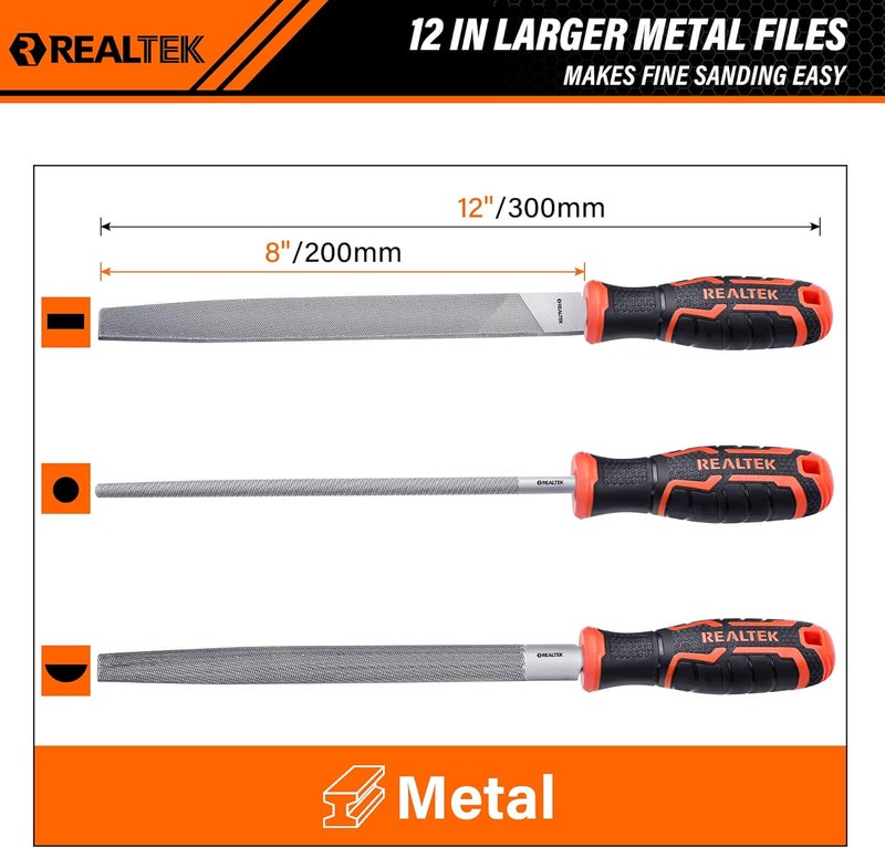 REALTEK 3-Piece Metal File Set, 12-inch Double Sided Steel Set, Includes Half-Round/Round/Flat Files, T12 Carbon Sharpening File, Professional Hand Files for Hard Metal Shaping - Image 2